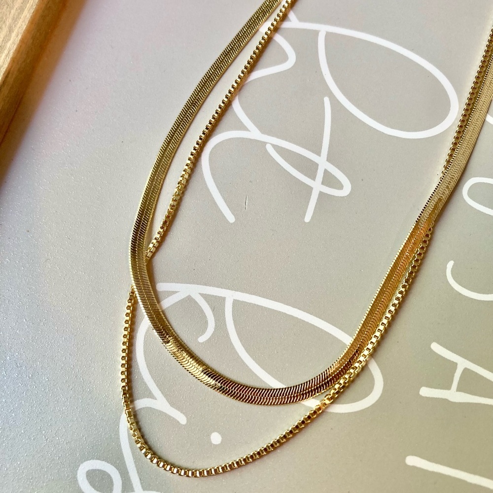 Herringbone Layered Snake and Box Chain Necklace - Picture 5 of 6